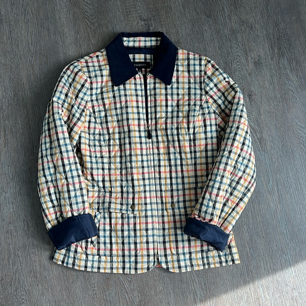 Talbots XS quilted jacket gingham plaid navy collar coat check casual preppy